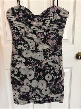 BCBGMaxAzria Strapless Floral Ruched Dress in Black, Gray and Lavender